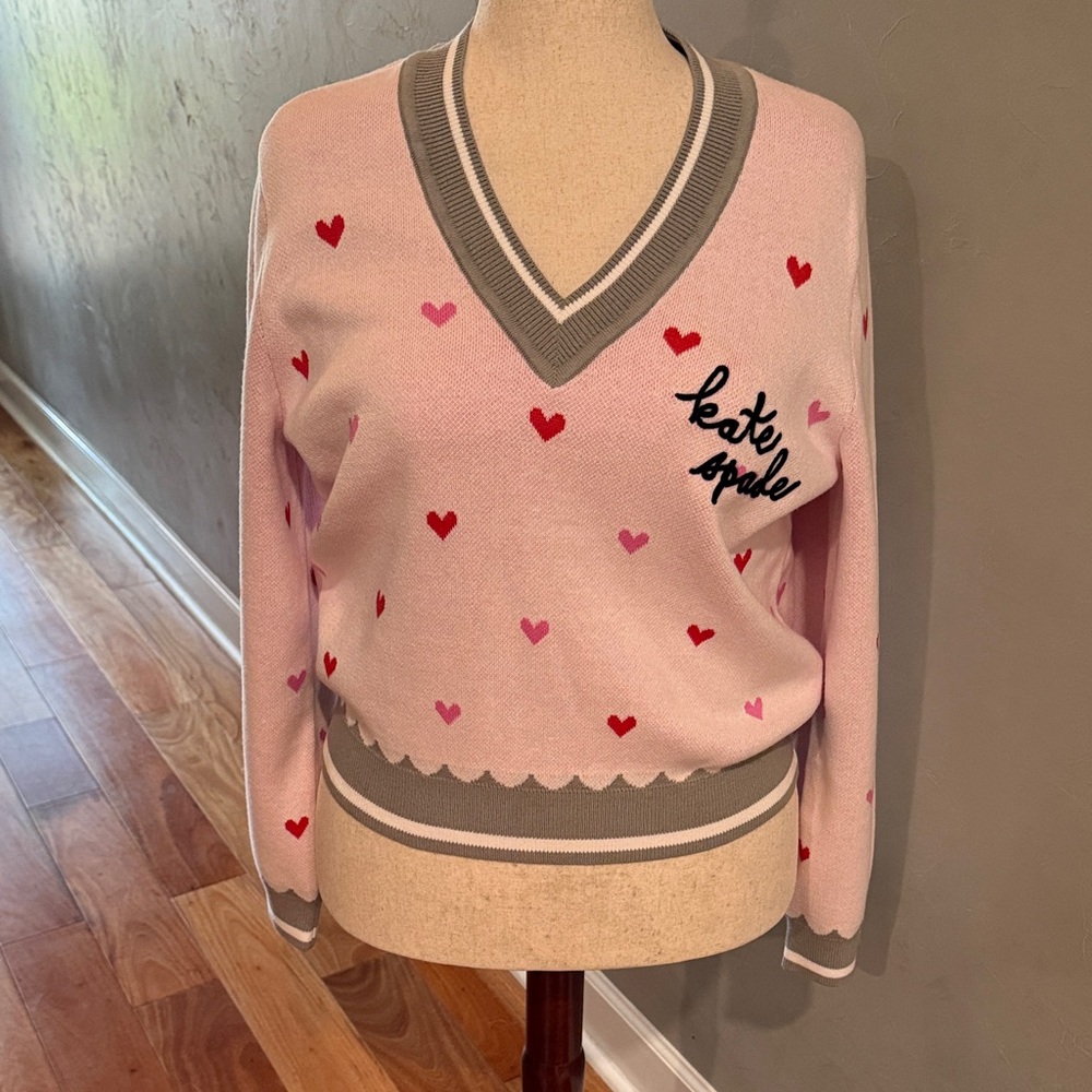 NWT Kate Spade Pink V-Neck Sweater with Heart Accents